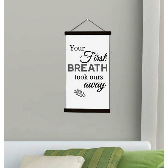 Black Wood Canvas Sign Wall Hanging - Your First Breath - Baby Nursery Wall Art 15x26-Inch
