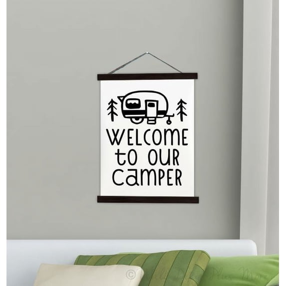 Black Wood & Canvas Wall Hanging Welcome To Our Camper Quote Retro RV Wall Art Large 19x24-Inch