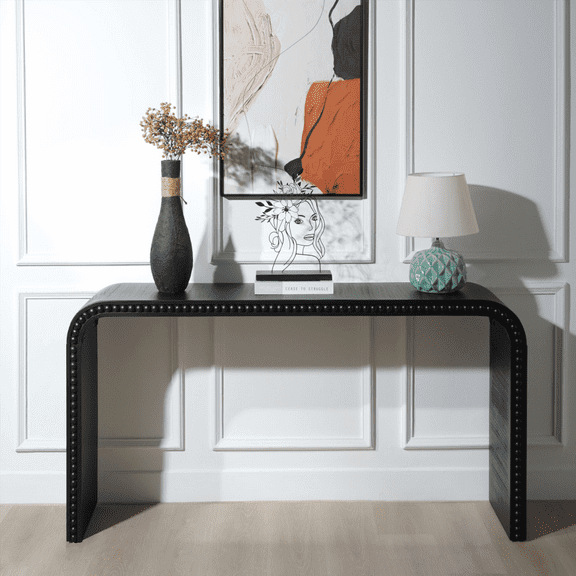 Black Wood Console Table: Curved Waterfall Design with Wooden Beads