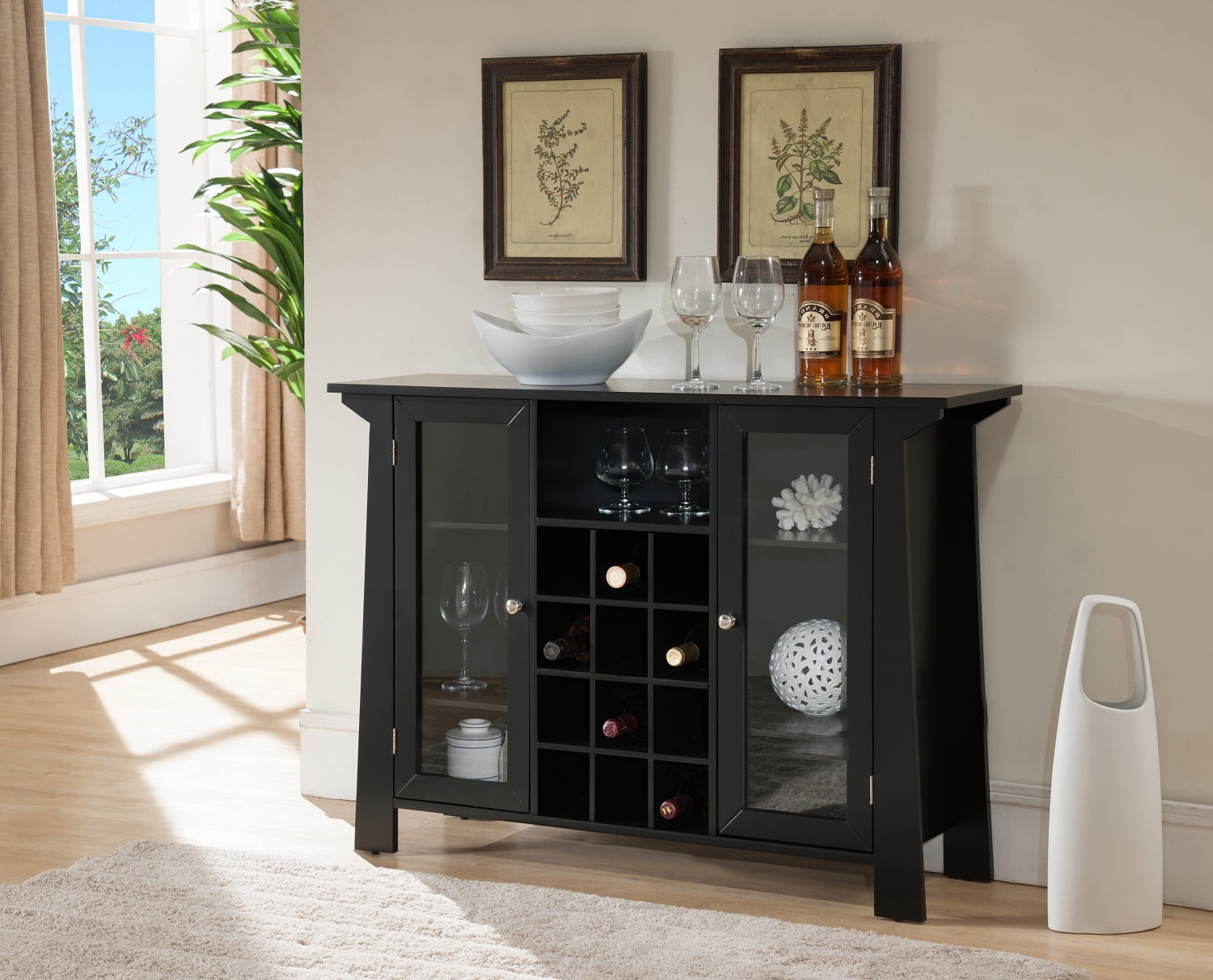 Black Wood Contemporary Wine Rack Sideboard Buffet Display Console