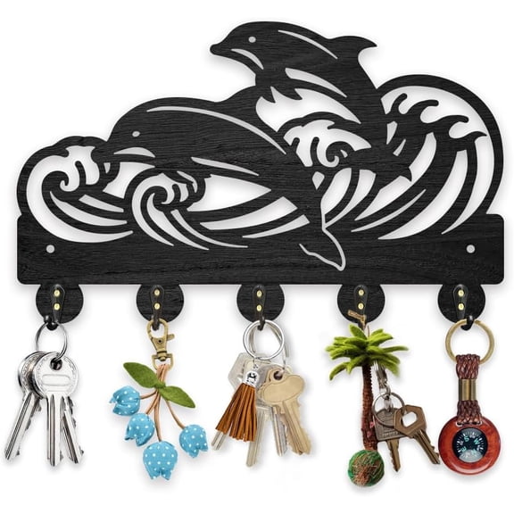 Black Wood Dolphin Ocean Wave Key Hook Wall Mount Sea Animal Key Rack 11.8 x 7.4 inches Black Art Wall Decor Coat Hanger with 5 Alloy Hooks for Entryway Bedroom Living Room