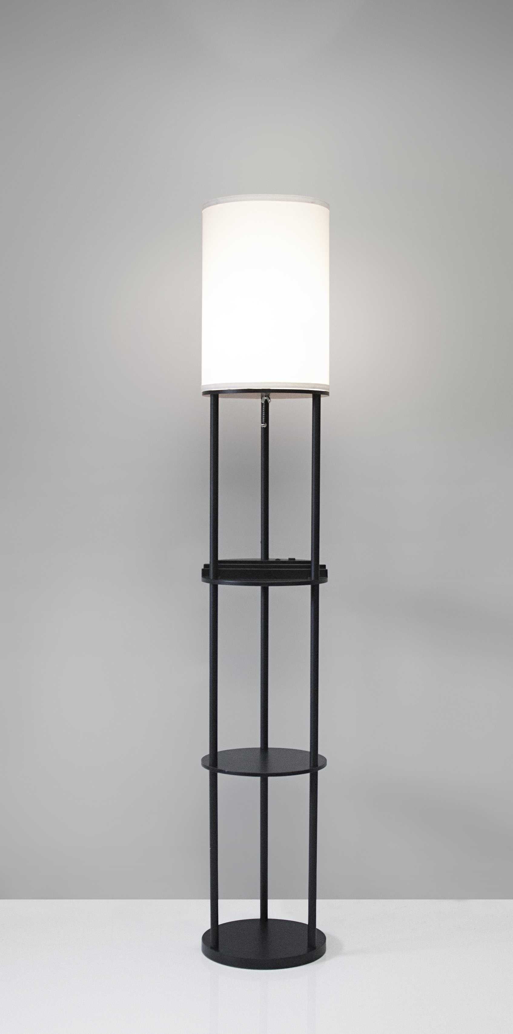 Black Wood Circular Shelf Floor Lamp with USB Charging