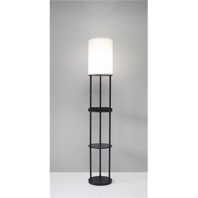Elegant Black and White Charging Station Shelf Floor Lamp with Linen Shade