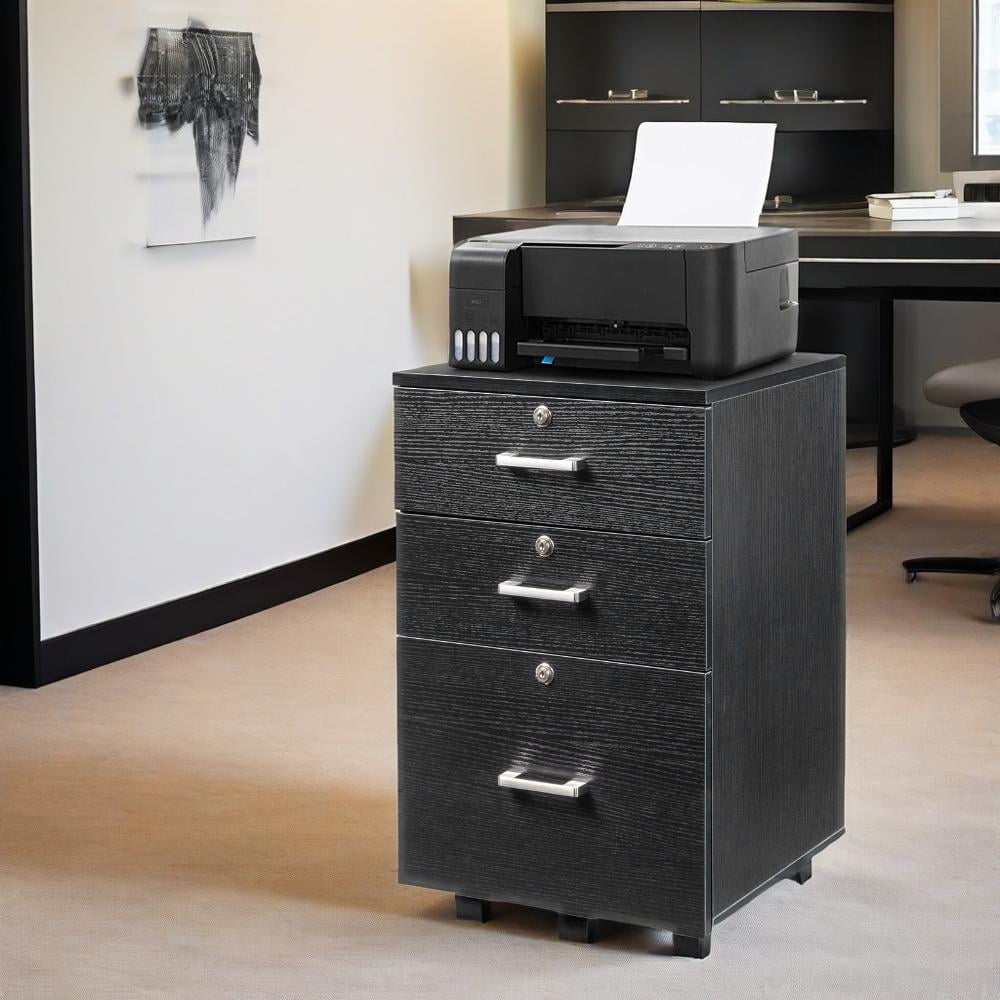 Black Wood Grain 3-Drawer Mobile Filing Cabinet with Lockable Wheels ...