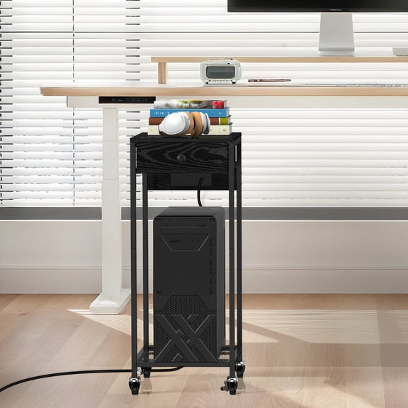 Black Wood Grain Computer Tower Cart with Wheels, Rolling Under Desk Printer Table for Home Office Fits Most PC Towers