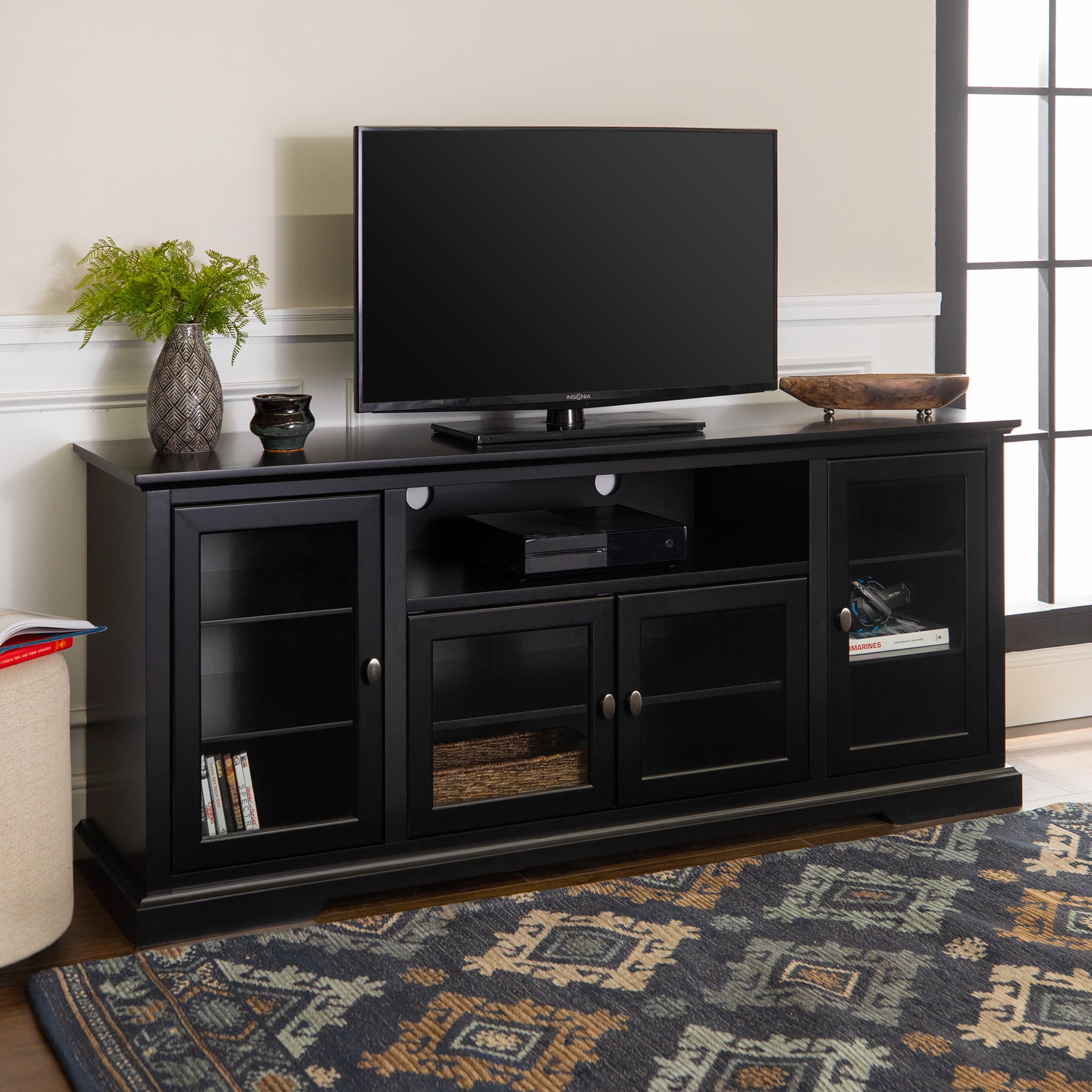 Walker Edison Traditional Highboy Style TV Stand Safety Glass Cabinet Doors Adjustable Shelves for 70 inch TVs Black Walmart