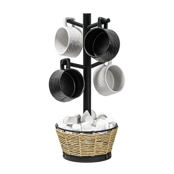 Black Wood Mug Tree with Woven Basket Countertop Cup Display Organizer