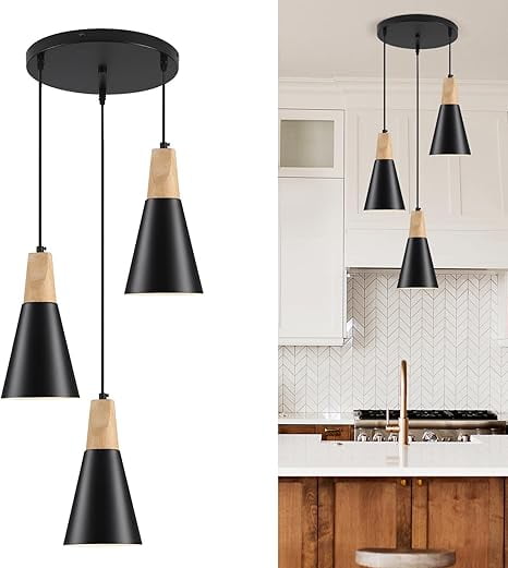Black and Wood Modern Cone Pendant Light for Kitchen Island
