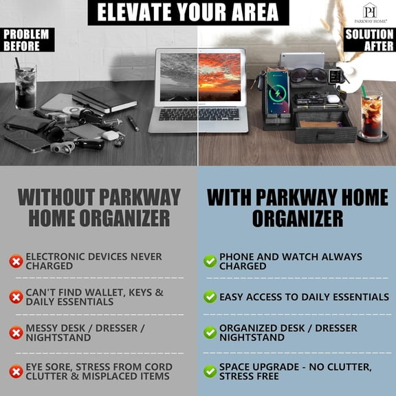 Black Wood Phone Docking Station with Drawer, Compatible with Apple Watch - Wood Charging Station Organizer Stand, Bedside Nightstand Organizer for Men