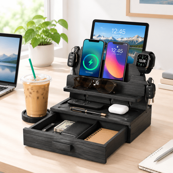 Black Wood Phone Docking Station For Up To 3 Phones Galaxy Watchpatible Nightstand Organizer With Drawer Valuables Men & Women Ho
