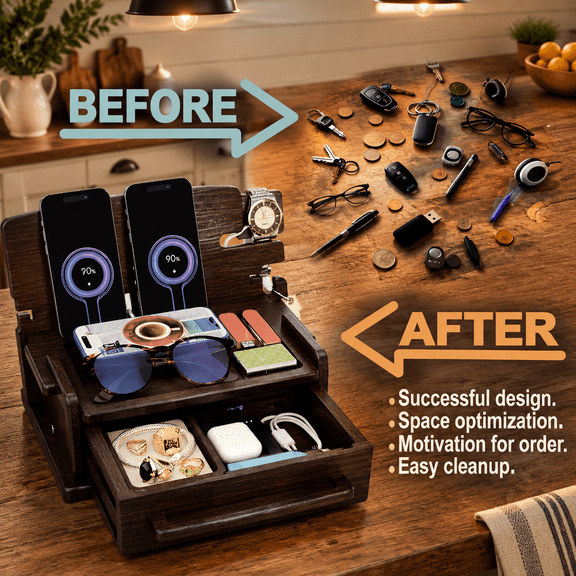 Black Wood Phone Docking Station with Drawer Nightstand Desk Organizer
