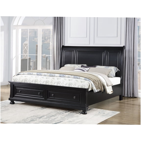 Black Wood Queen Size Storage Bed Frame with Footboard Drawers, No Box Spring Needed Platform Bed