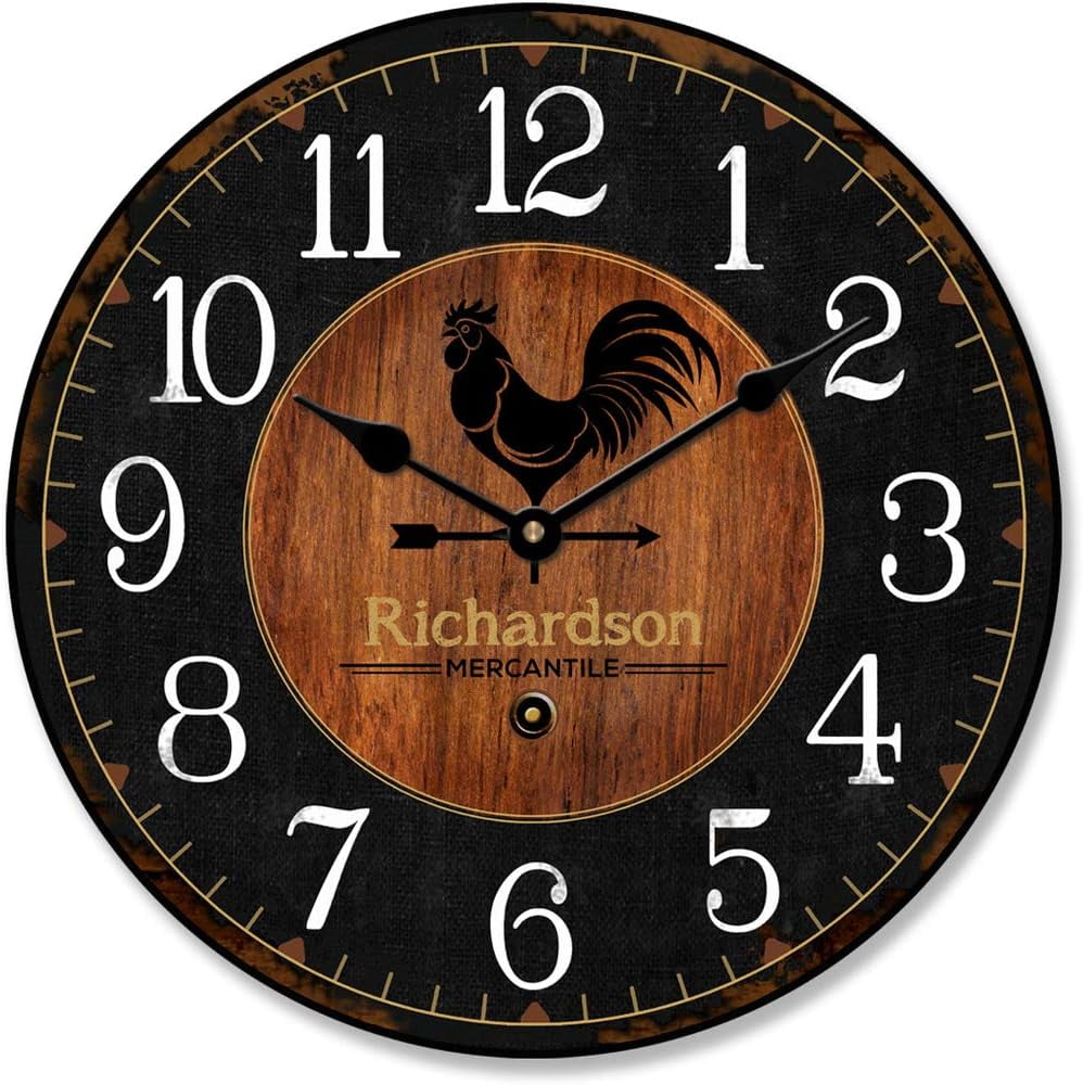 Black & Wood Rooster Wall Clock Ultra Quiet Quartz Mechanism Hand
