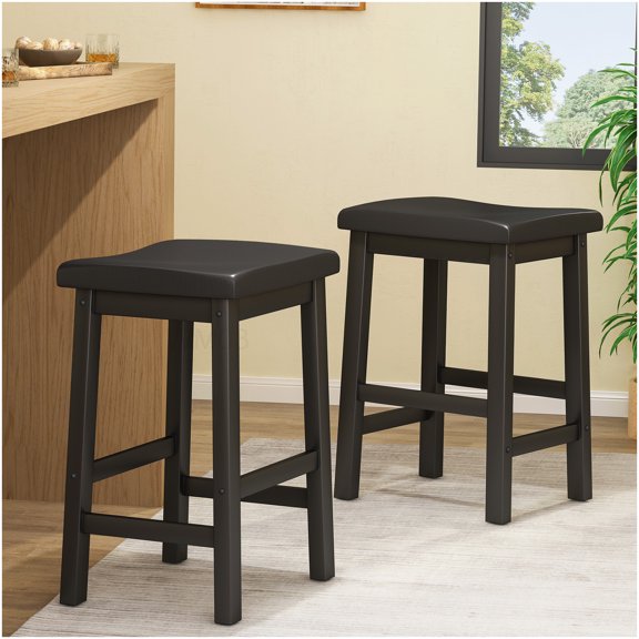 Black Wood Saddle Bar Stool with Back Support, 24" Counter Height Swivel Stool