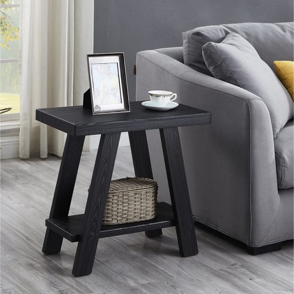 Black Wood Side Table with Shelf / Veneer Top and Wide Legs