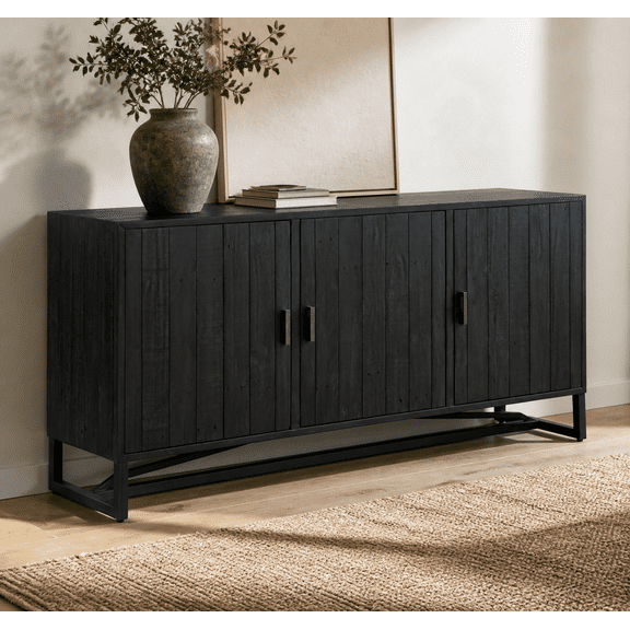 Black Wood Sideboard with Reclaimed Pine Front Boards, 3 Locking Doors, Adjustable Shelves and Stainless Steel Base