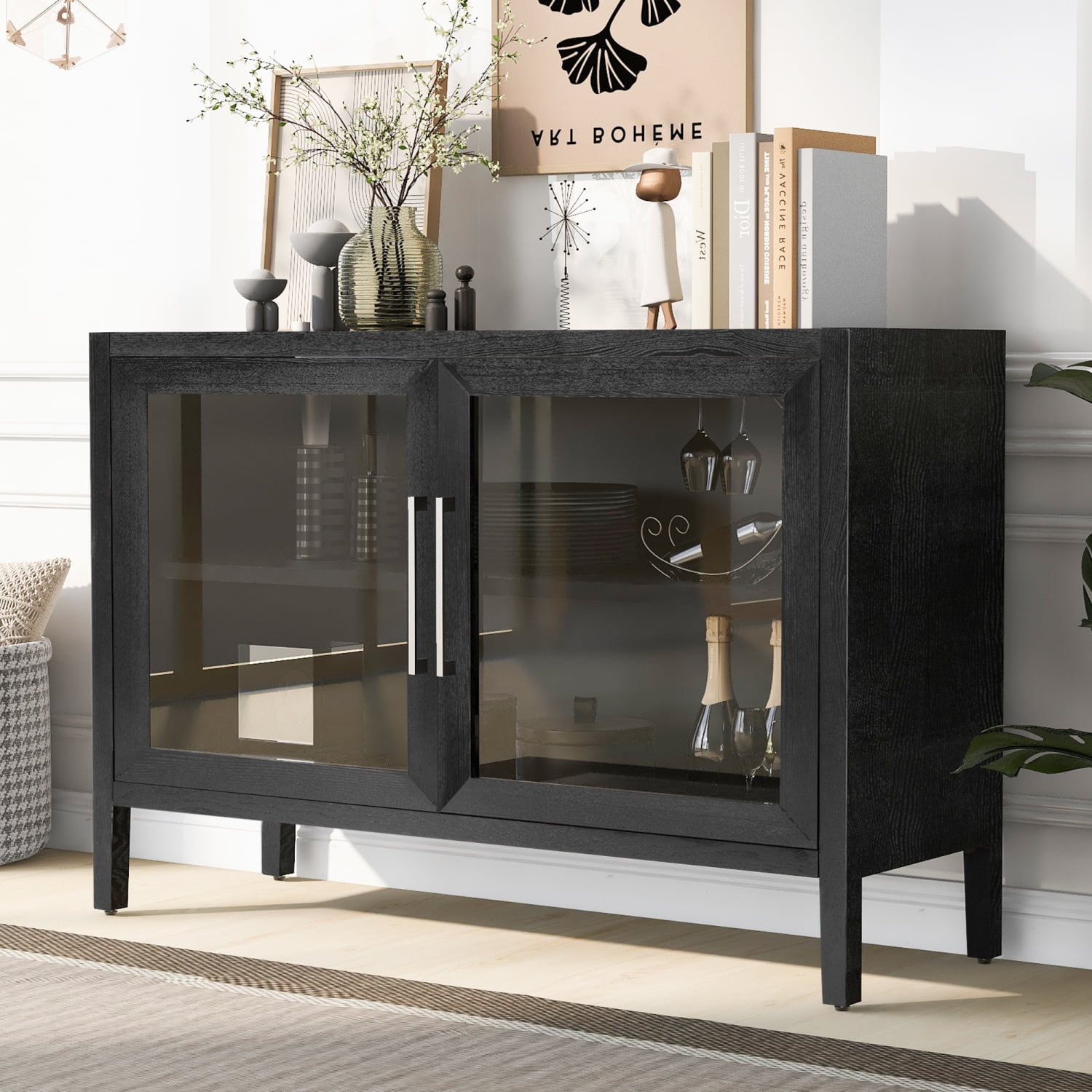Black Wood Storage with Tempered Glass Doors Elegant American