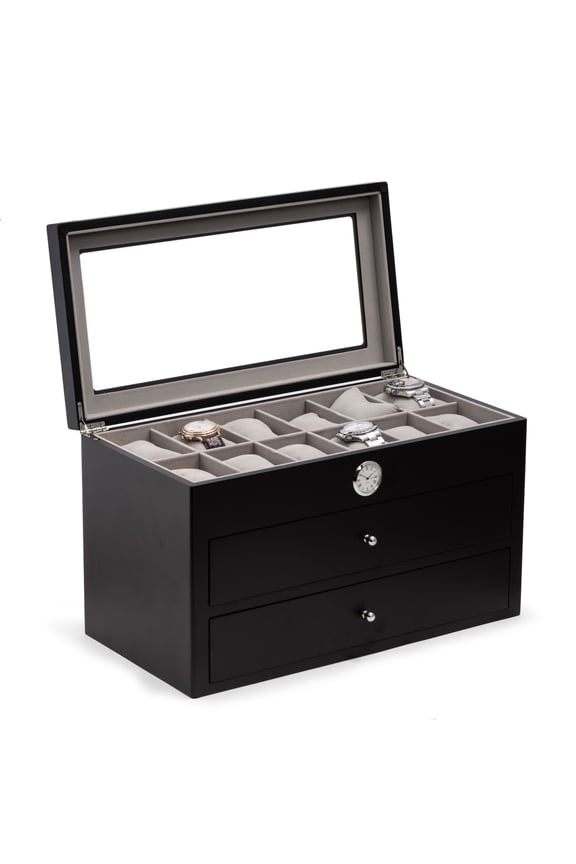 Black Wood Thirty-Six Watch Box With Quartz Movement Clock