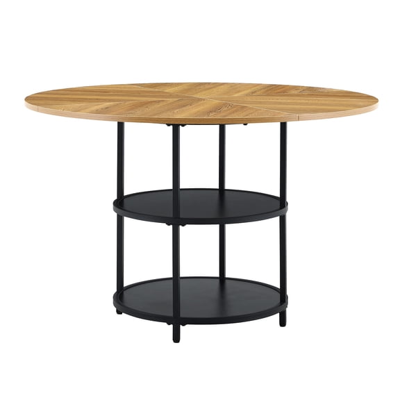 Black & Wood Tone Round Dining Table, MDF Tabletop with Metal Legs & 2-Tier Storage