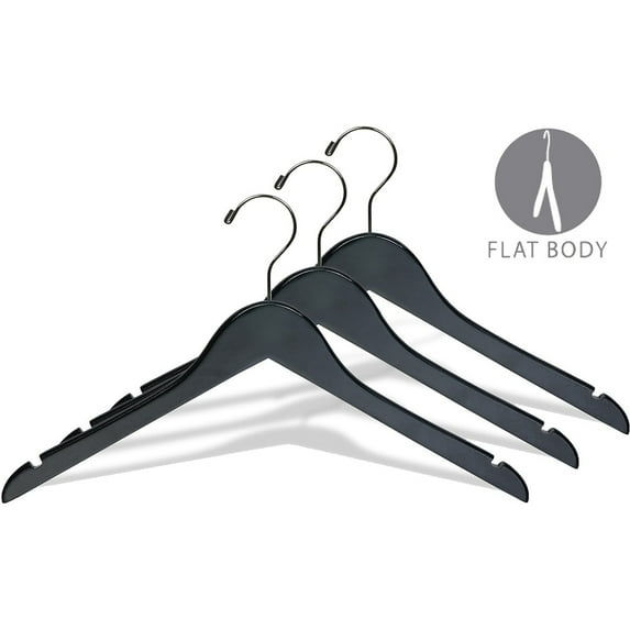Black Wood Top Hanger, Box of 100 Space Saving 17 Inch Flat Wooden Hangers w/ Chrome Swivel Hook & Notches for Shirt Jacket or Dress by International Hanger
