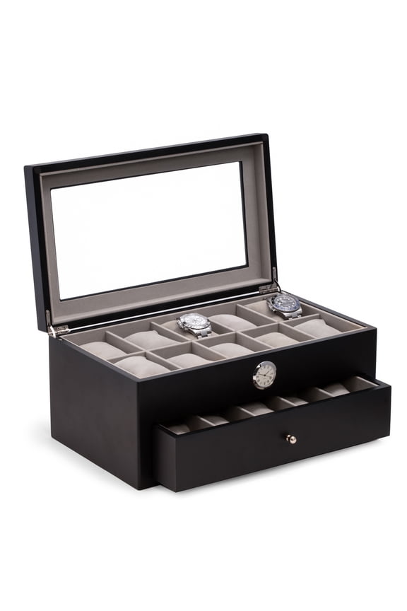 Black Wood Twenty Watch Box w/ Quartz Movement Clock