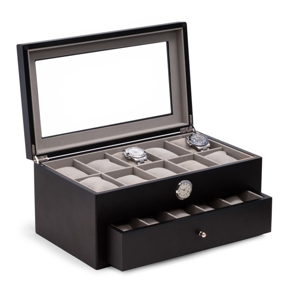 Black Wood Twenty Watch Box w/ Quartz Movement Clock