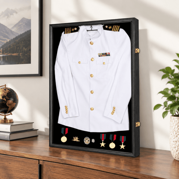Black Wood Uniform Shadow Box Display Case with UV Protection