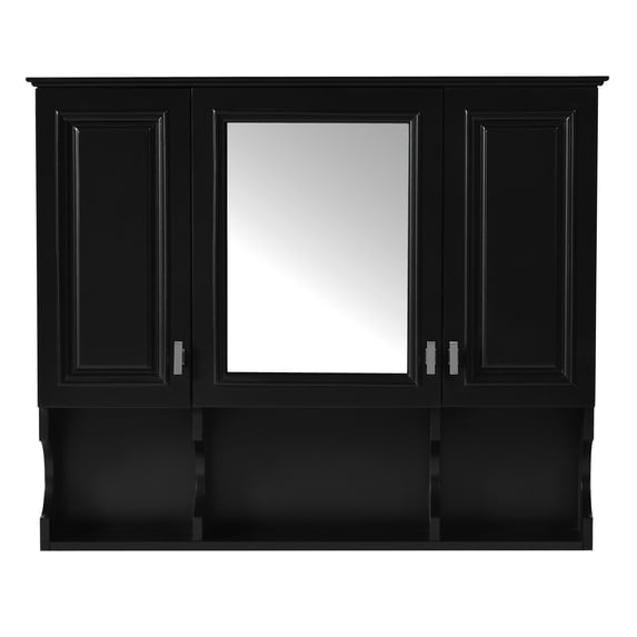 Black Wood Wall Mounted Bathroom Medicine Cabinet with Mirror and Open Shelves