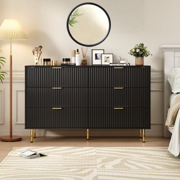 Black Wooden 56" Wide Dresser for Bedroom with 6 Drawers Large TV Stand Dressers Living Room
