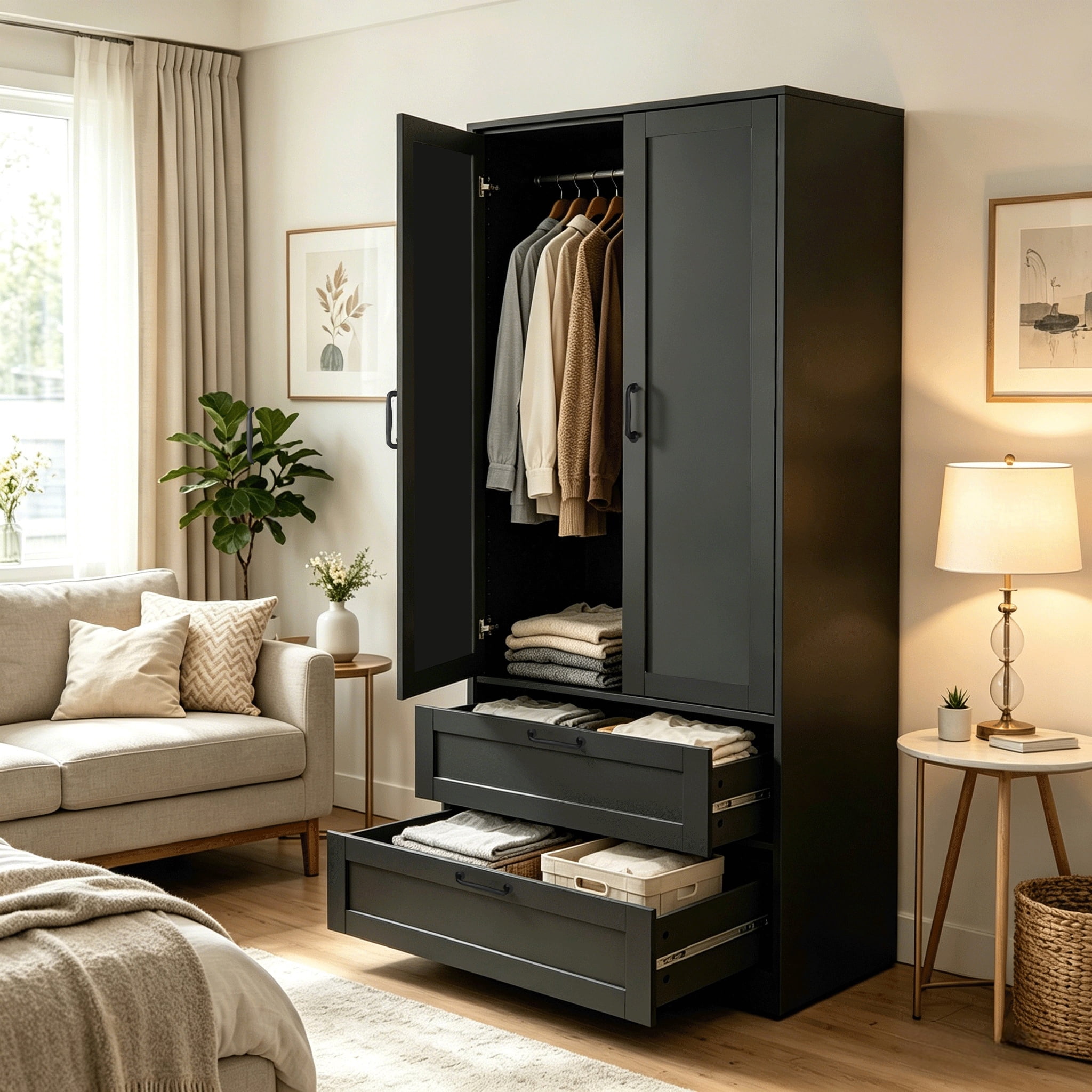 Black Wooden Armoire Wardrobe Closet with 2 Doors & 2 Drawers ...