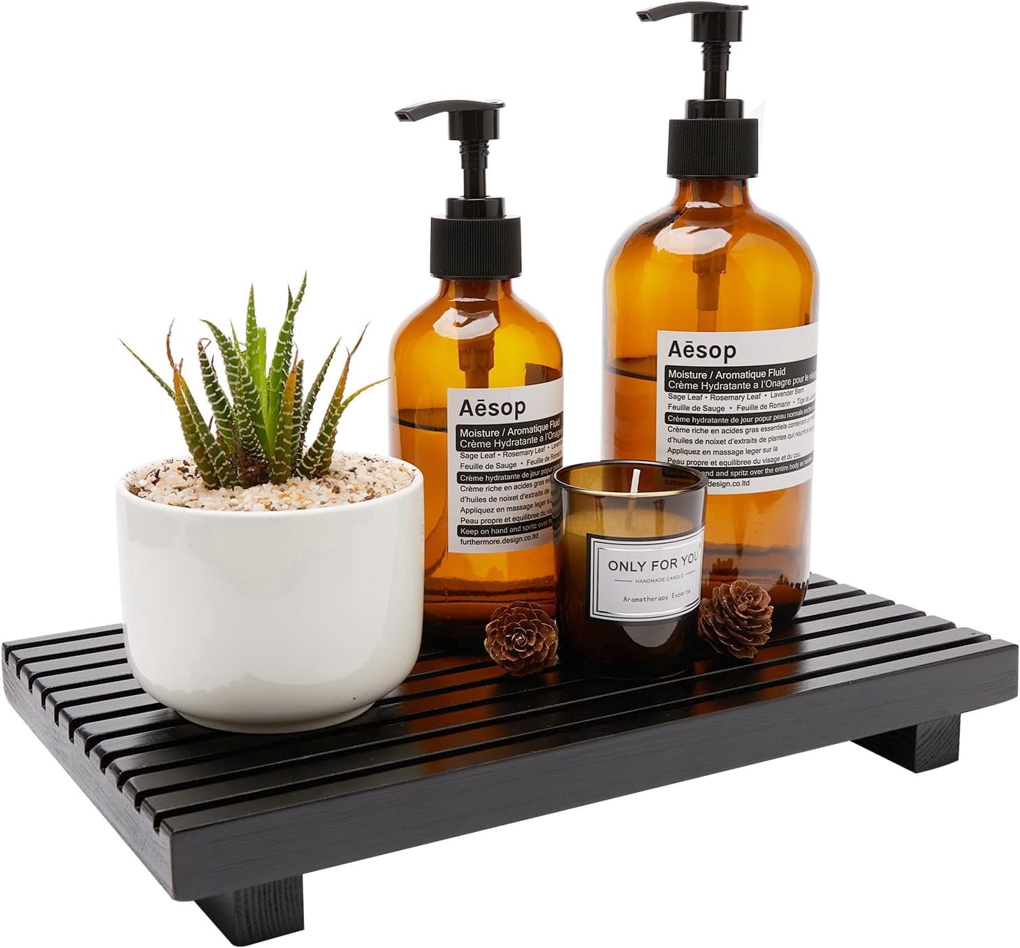 Black Wooden Bathroom Vanity Tray, Farmhouse Countertop Organizer & Riser Stand for Kitchen Sink, Soap Dispenser Holder & Home Decor