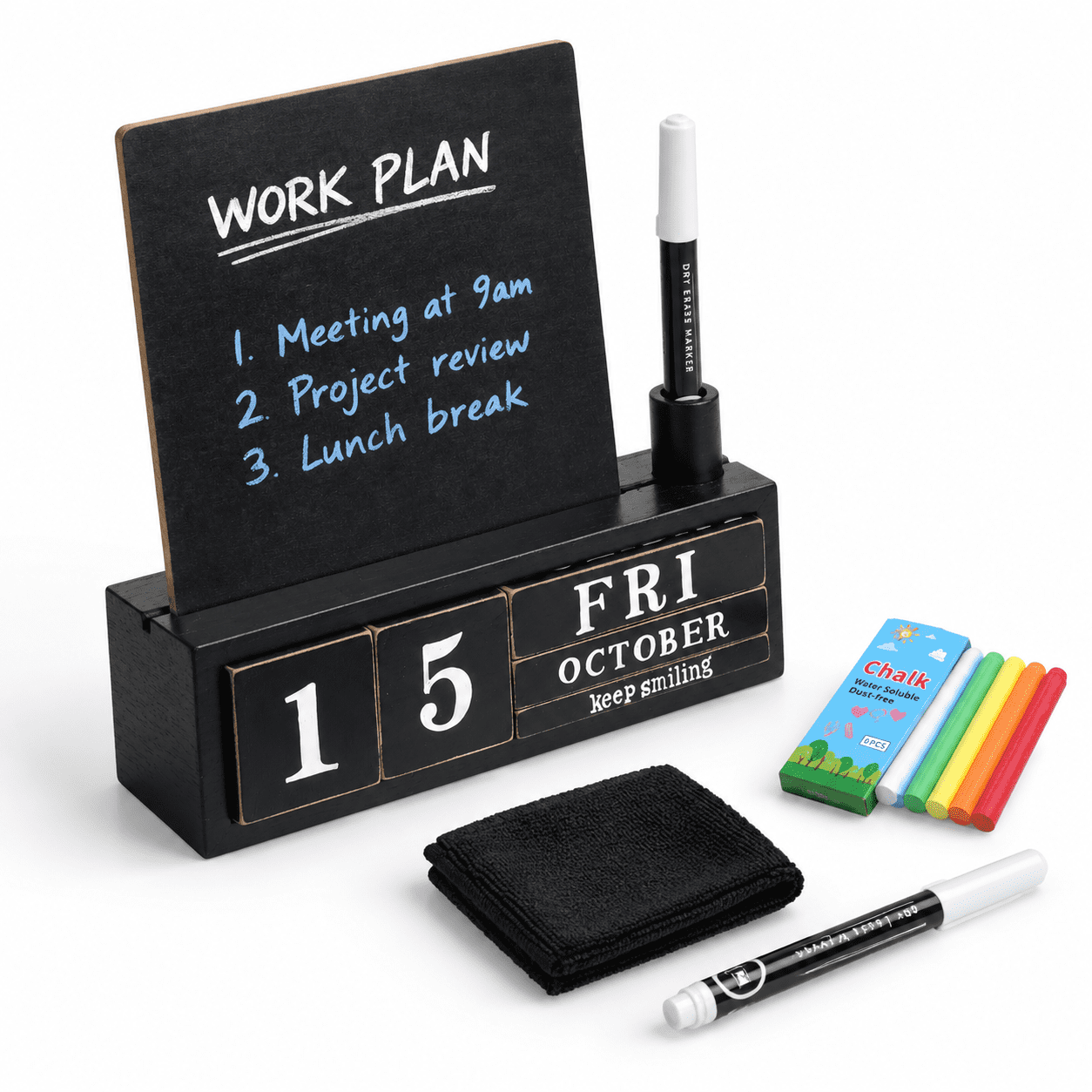 Black Wooden Block Perpetual Desk Calendar with Reusable Chalkboard ...