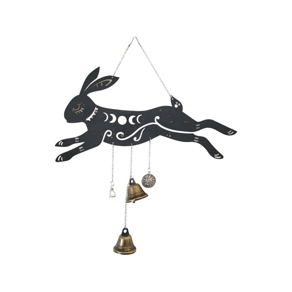 Black Wooden Bunny Wind Chime with Boho Star & Moon Designs - Soothing Wall Hanging for Garden, Patio & Easter Decor