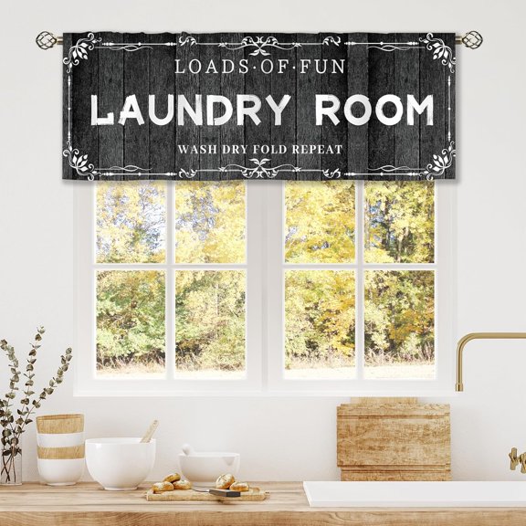 Black Wooden Farmhouse Laundry Room Curtain Valance for Window Treatments Vintage Country Barn Rod Pocket Treatment Rustic Country Window Drapes for Bathroom 1 Panel (52x18 Inch)