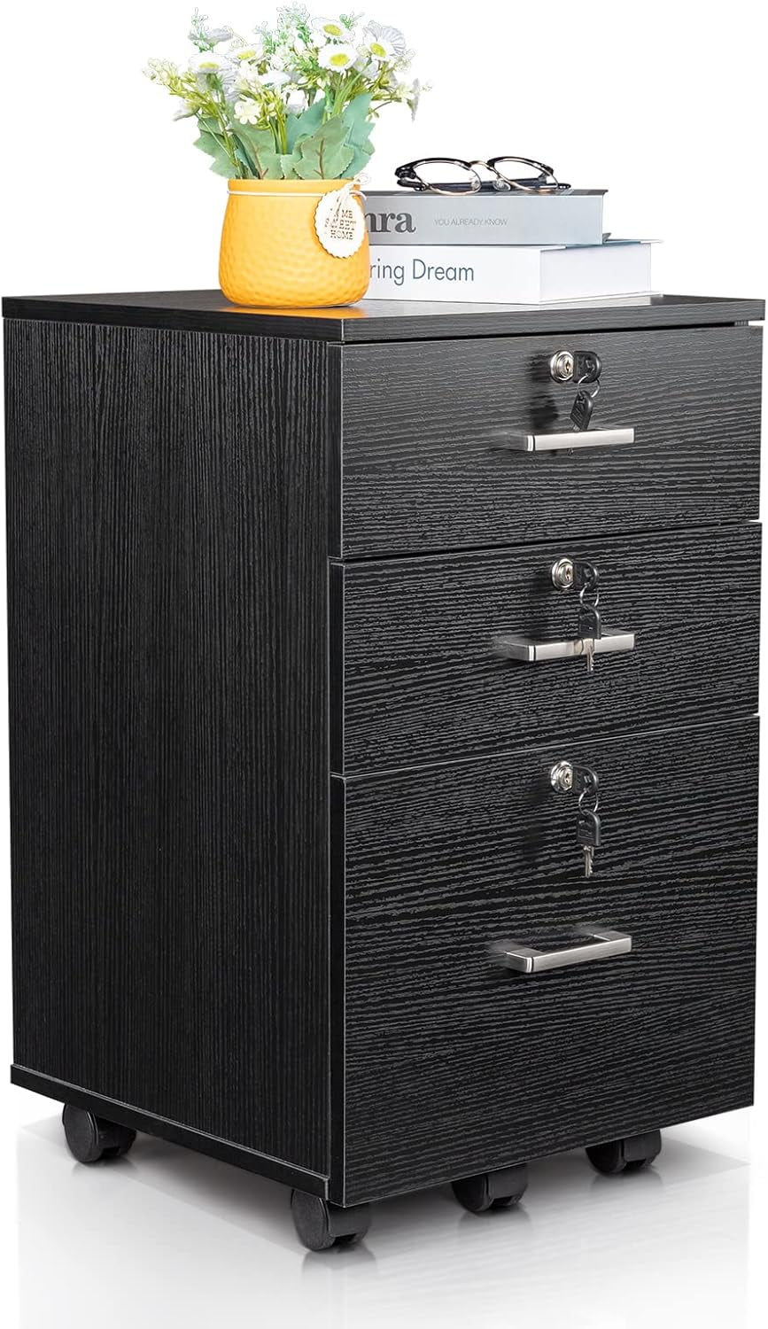 Black Wooden File Cabinet, 3 Drawer Vertical File Cabinets with 3 Lock,Printer Stand Mobile Storage Cabinet,Filing Storage Drawer for Home,Office,Black(15.75" L x 15.75" W x 26.1" H)