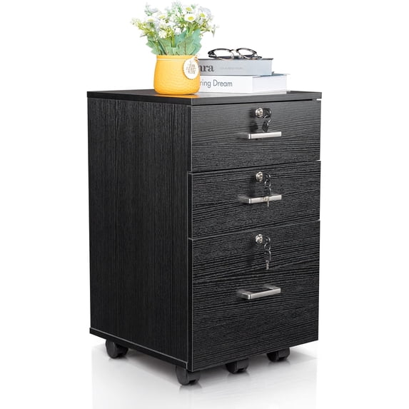 Black Wooden File Cabinet, 3 Drawer Vertical File Cabinets with 3 Lock,Printer Stand Mobile Storage Cabinet,Filing Storage Drawer for Home,Office,Black(15.75" L x 15.75" W x 26.1" H)