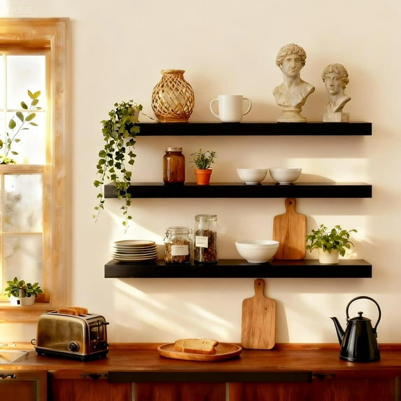 Black Wooden Floating Shelves for Wall 36 Inches Long,Rustic Solid Wood Farmhouse Wall Shelves with Invisible Brackets for Bathroom, Living Room, Bedroom, Kitchen Set of 3
