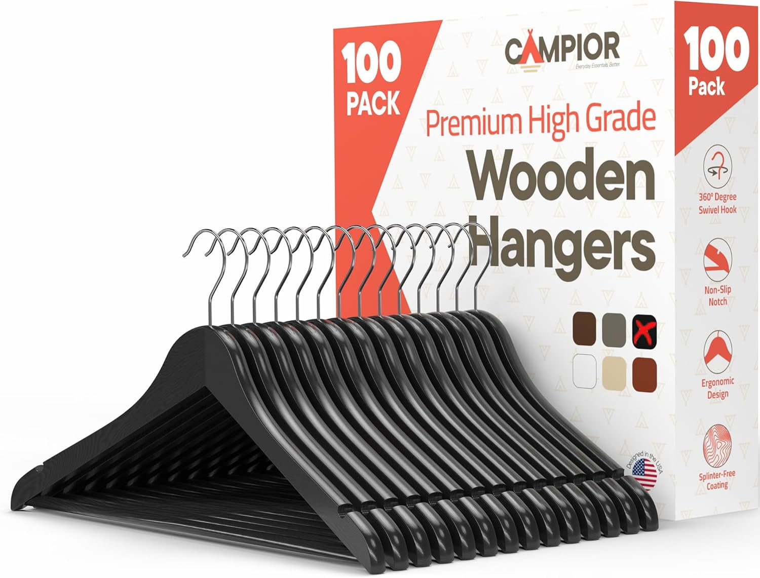 Black Wooden Hangers 100 Pack – Heavy-Duty with 360° Swivel Hook, Non-Slip, Pants Bar & Shoulder Grooves - Wooden Hangers for Suits, Jackets, Dresses & Camisoles, Space-Saving and Smooth Finish