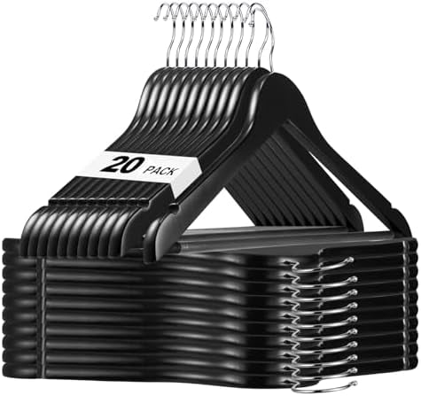 Black Wooden Hangers 20 Pack, Solid Wood Hanger with Non Slip Pant Bar, Heavy Duty Wooden Coat Hanger for Closet, Smooth Finish Wood Clothes Hangers for Shirts, Suits, Jackets, Dress