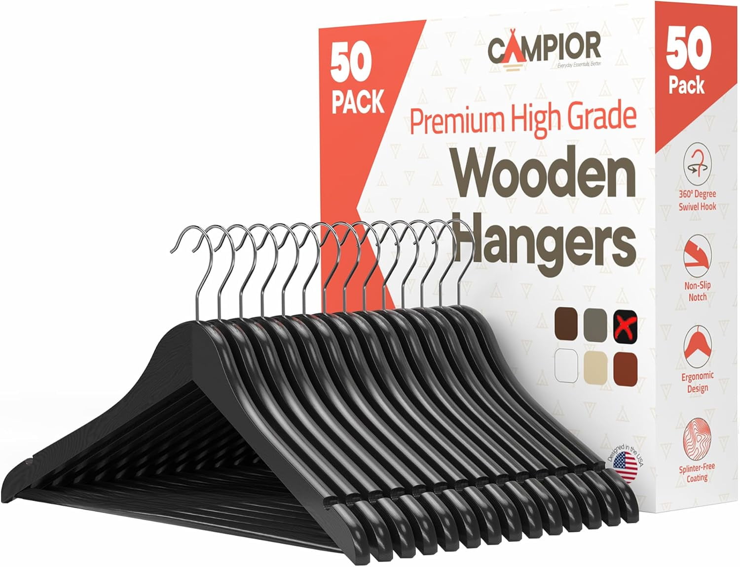 Black Wooden Hangers 50 Pack – Heavy-Duty with 360° Swivel Hook, Non-Slip, Pants Bar & Shoulder Grooves - Wooden Hangers for Suits, Jackets, Dresses & Camisoles, Space-Saving and Smooth Finish
