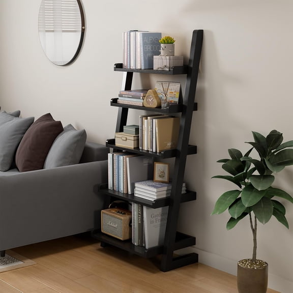 Black Wooden Ladder Shelf with Edges, 5-Tier Modern Leaning Bookshelf Stylish Space-Saving Bookcase for Living Room, Bedroom & Home Office