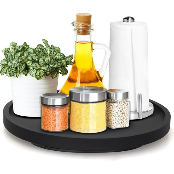 Black Wooden Lazy Susan Turntable Organizer Cabinet Round Bathroom Vanity Rotating Tray 10" Small Lazy Susans for Dining Table Top Kitchen Countertop Decor Tray Wood Lazy Susan Coffee Bar Accessories