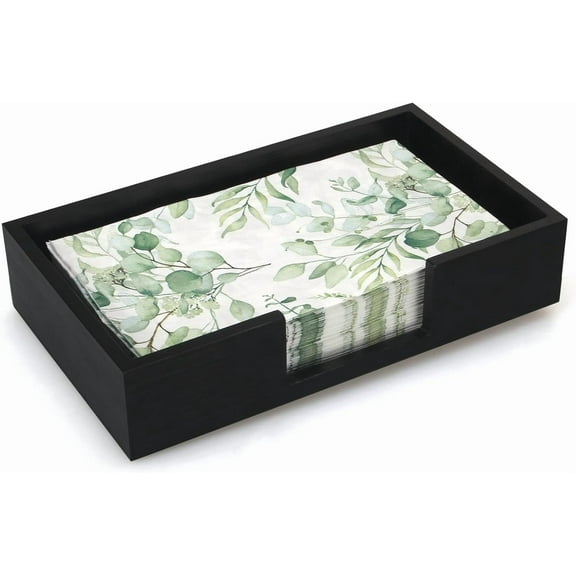Black Wooden Napkin Holder for Guest Towels, Flat Disposable Hand Towel Tray for Bathroom, Kitchen Counter & Dining Table, Modern Holder for C-Fold, Z-Fold & Cocktail Napkins