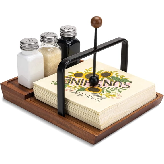 Black Wooden Napkin Holder, Multifunctional Farmhouse Napkin Holder for Table, Kitchen, Outdoor Use, Includes Space for Salt and Pepper Shakers (Seasoning Jar Not Included)