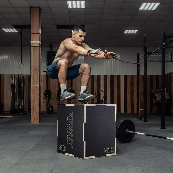 Black Wooden Plyo Box Set (20/18/16 Inch) - Anti-Slip 3-in-1 Jump Box for Strength, Conditioning & Home Fitness Training