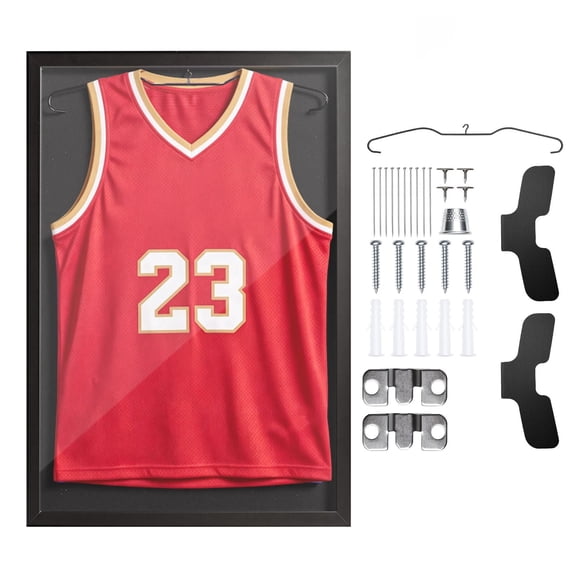 Black Wooden Sports Jersey Display Box, 31.5 x 23.6 x 1 Inch, 98% UV Shield PC Panel with Hanger, for Basketball, Baseball, Football Athletic Uniform Shirts
