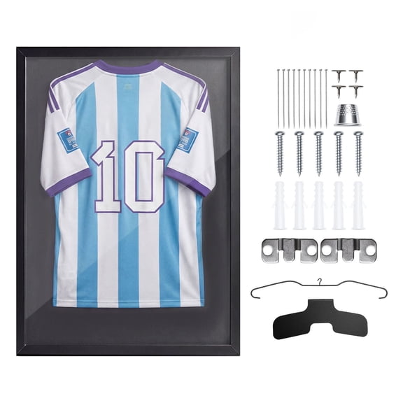Black Wooden Sports Jersey Shadow Box Display Frame 35.427.61.2 Inch, 98% UV Protection PC Panel & Garment Hanger, Wall Mount Storage Case for Athletic Uniform Shirts