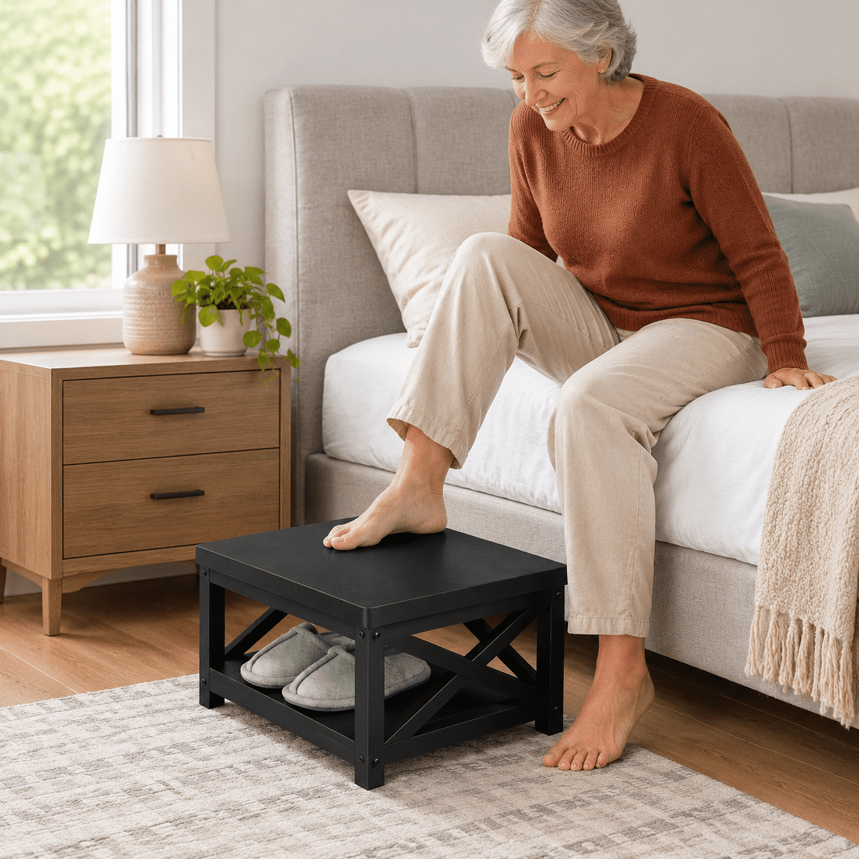 Black Wooden Step Stool for Bed with Built-In Storage, 8 Inch Height ...