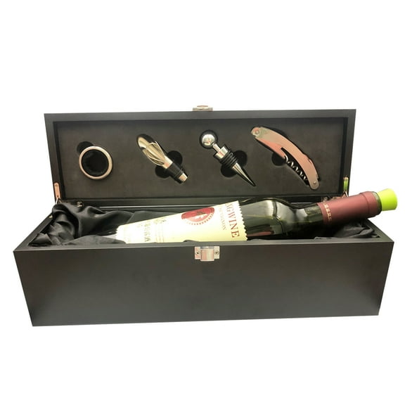 Black Wooden Wine Box with Tools - Accessories include Corkscrew, Stopper, Spill Collar, and Plastic Foil Cutter - Novelty Gift for Wine enthusiasts