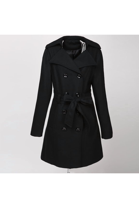 Black Wool Blend Mid-Length Wool Blend Double-Breasted Coat